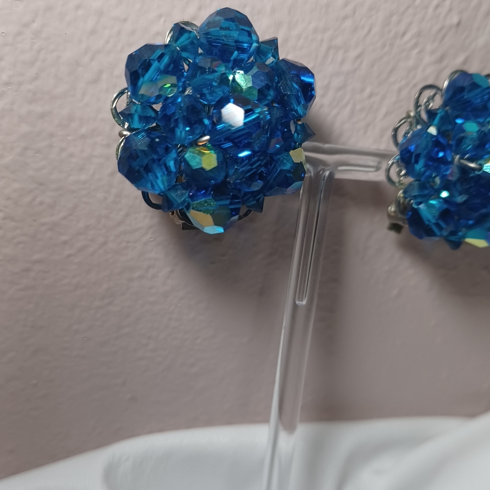 Blue Aurora Borealis Bead Clip Earrings - Picture 3 of 6